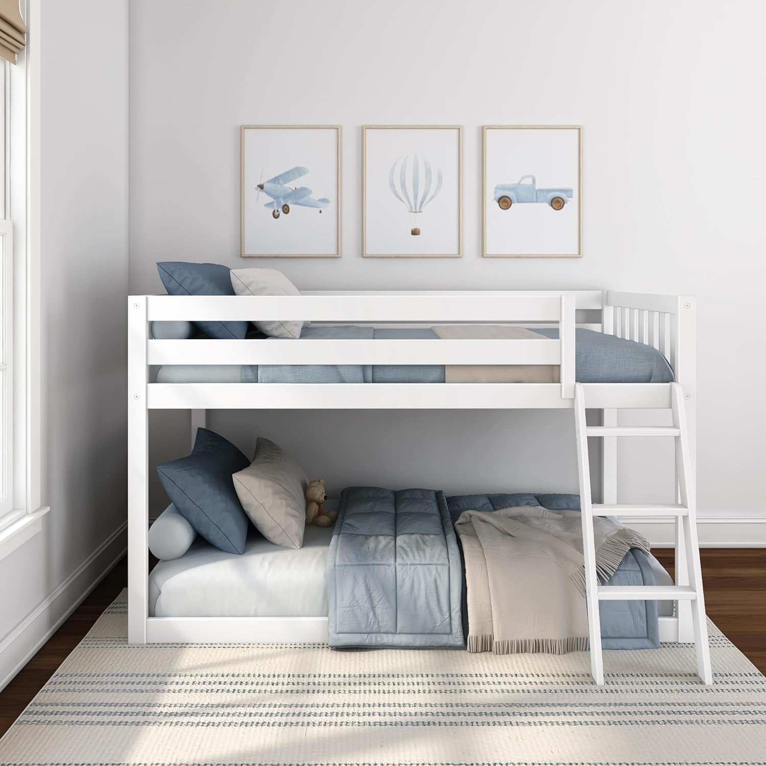 White Twin Low Bunk Bed Solid Wood Frame For Kids Safe