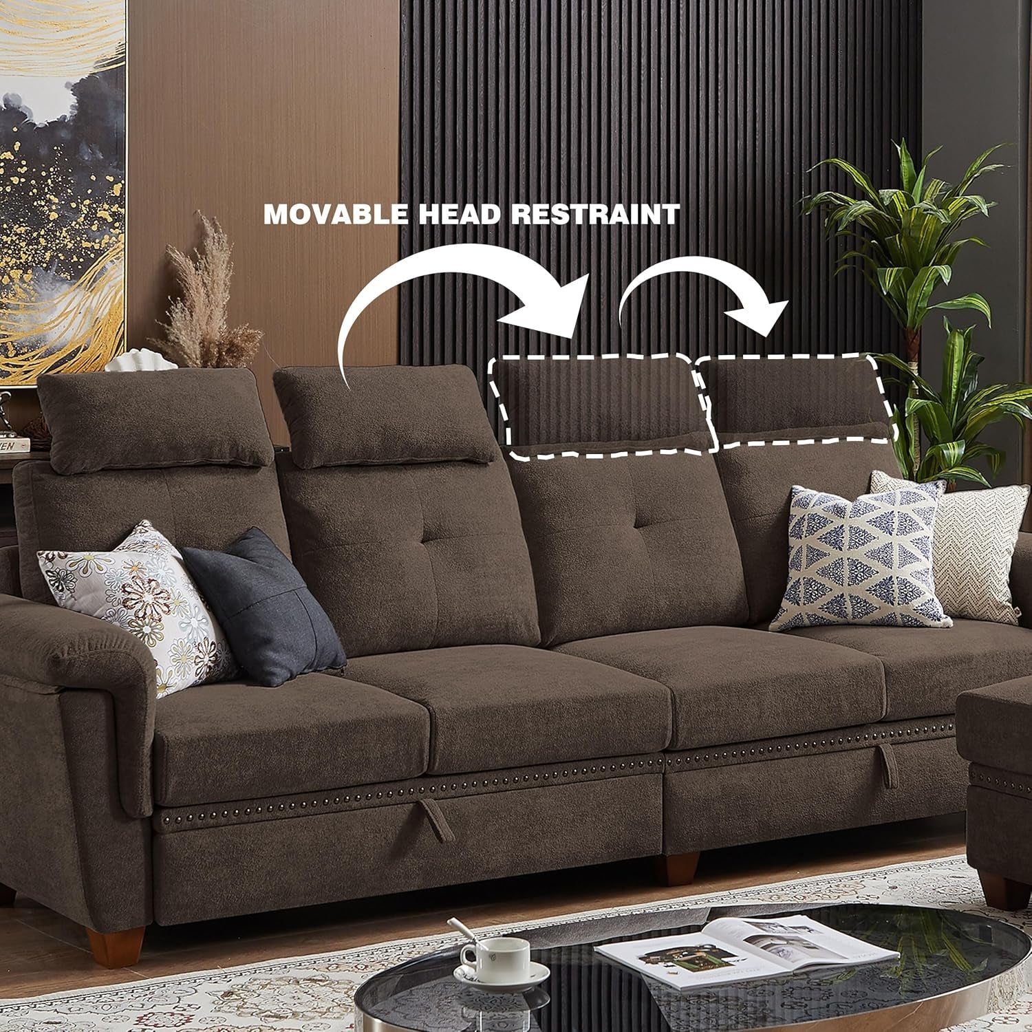 110 Inch Convertible Sectional Sofa With Storage Microfiber L Shaped Couch Ottoman Cup Holders