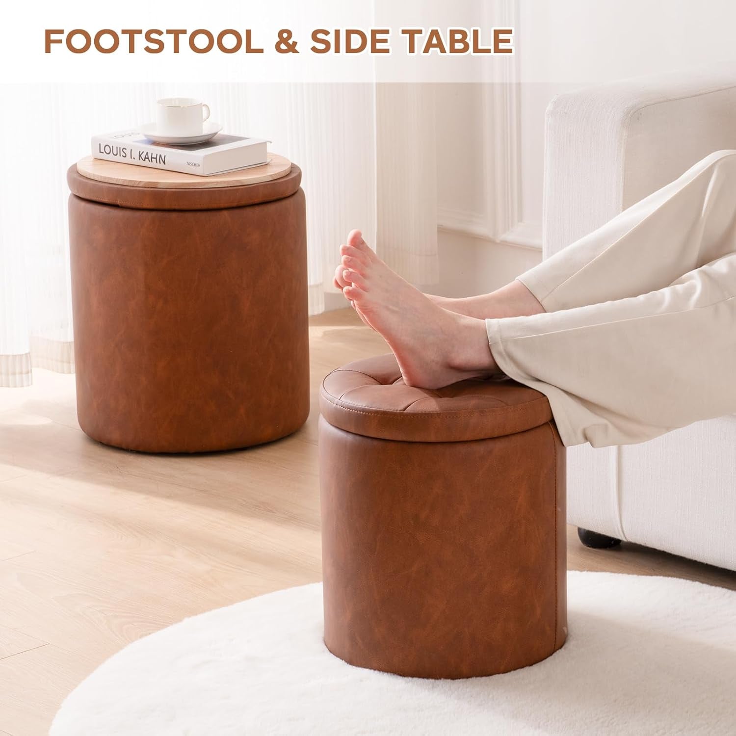 Dark Brown Faux Leather Round Storage Ottoman