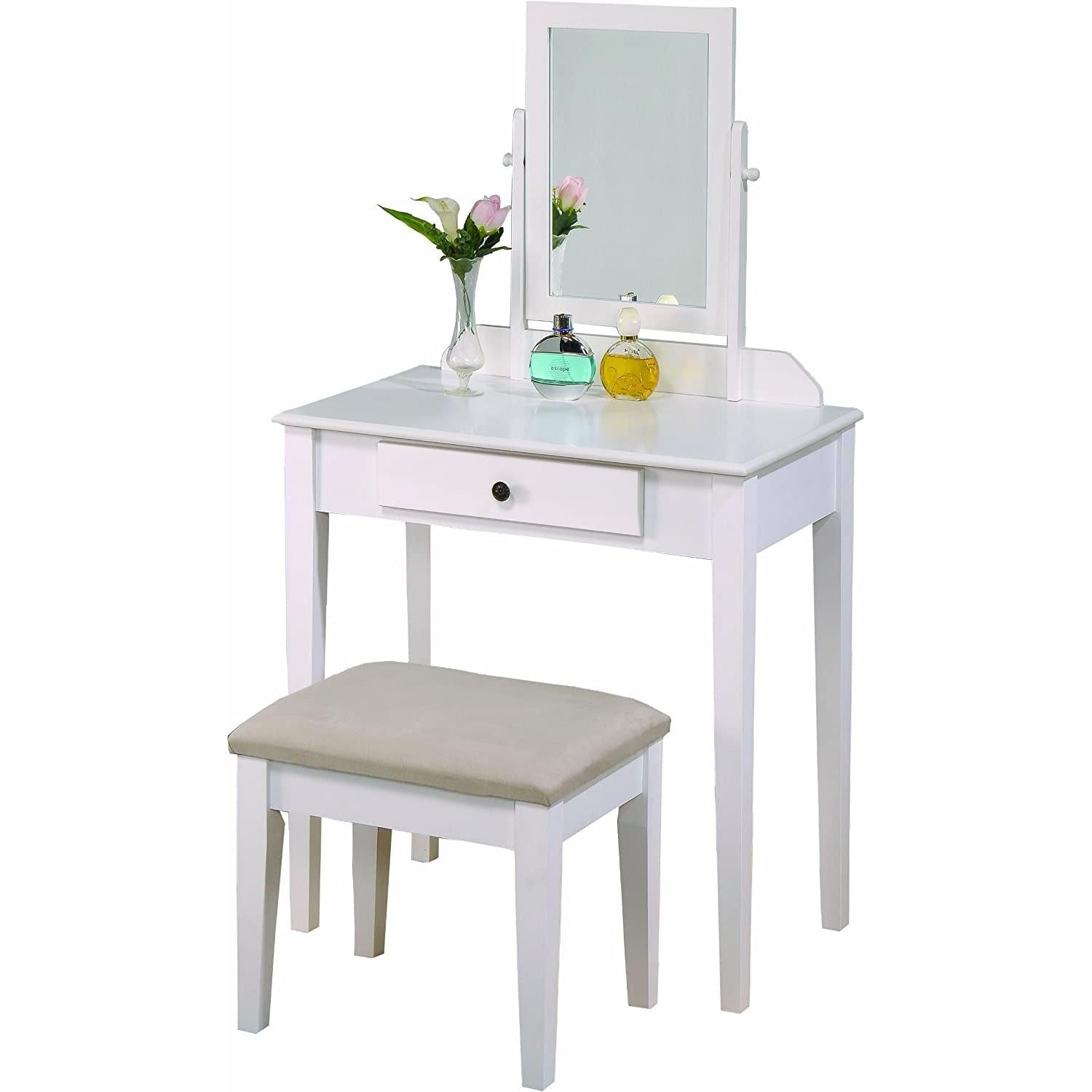 White Transitional Vanity Table and Stool Set for Bedroom
