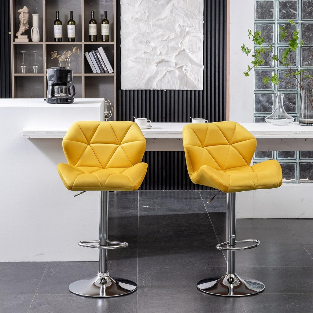 Yellow Velvet Diamond Tufted Swivel Barstools Set Of 2