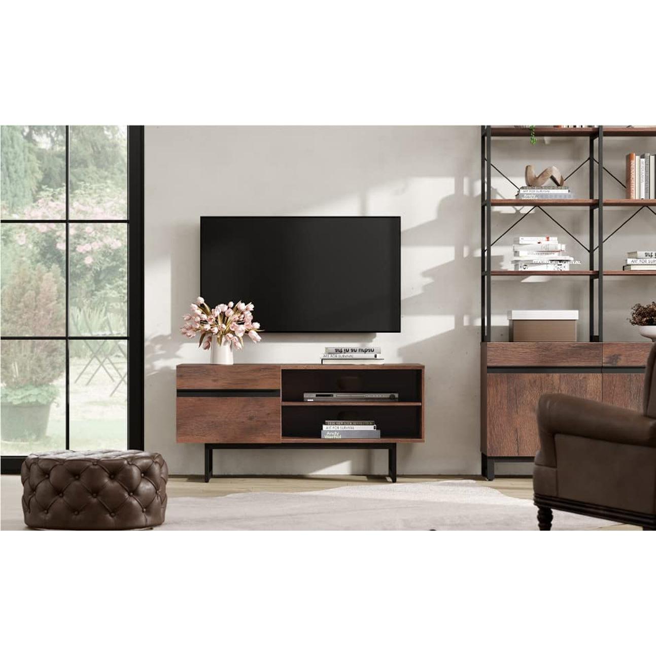100 Inch TV Stand With Storage Walnut Wood Grain Finish