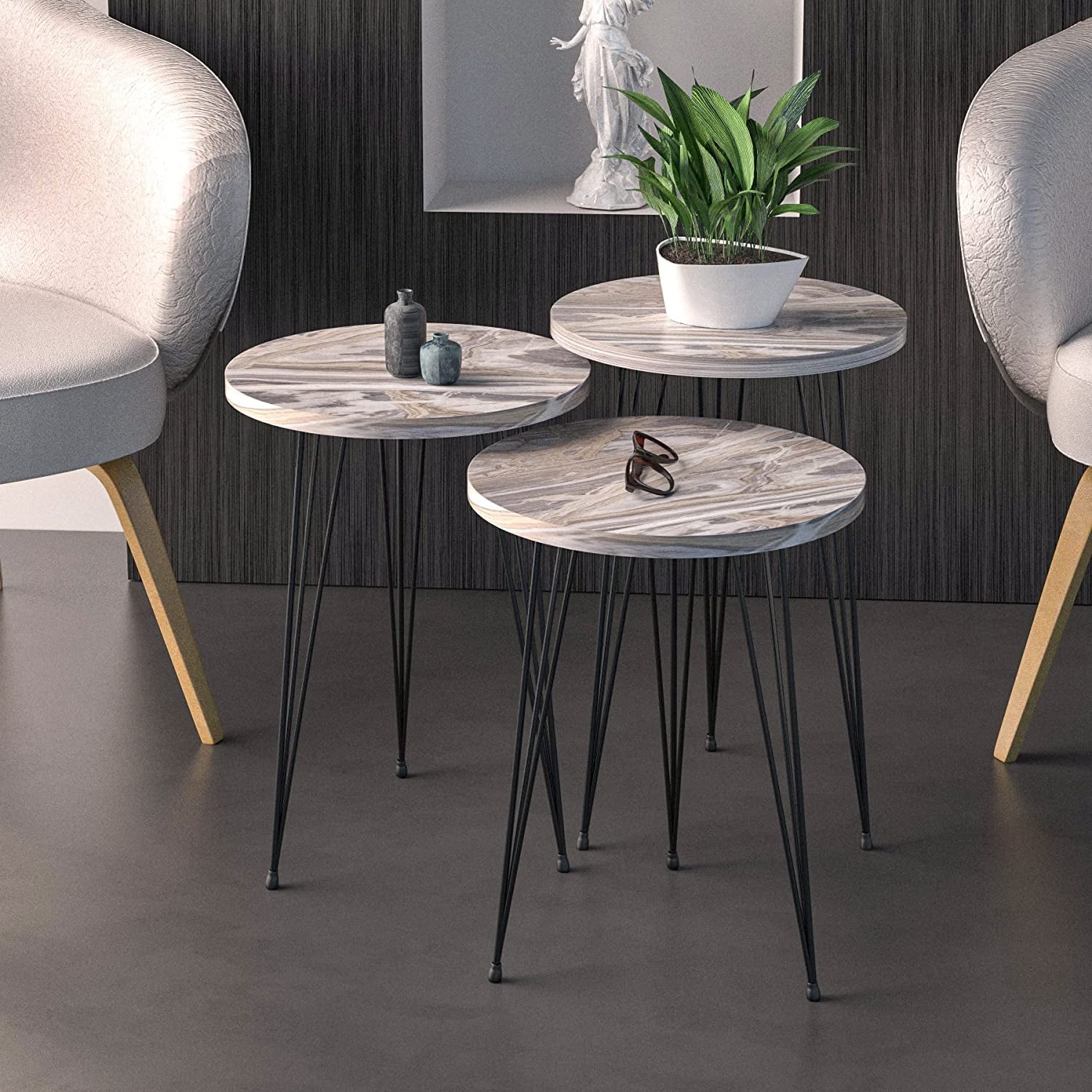 Grey Marble Nesting Tables Set Of 3 Modern Round End Tables
