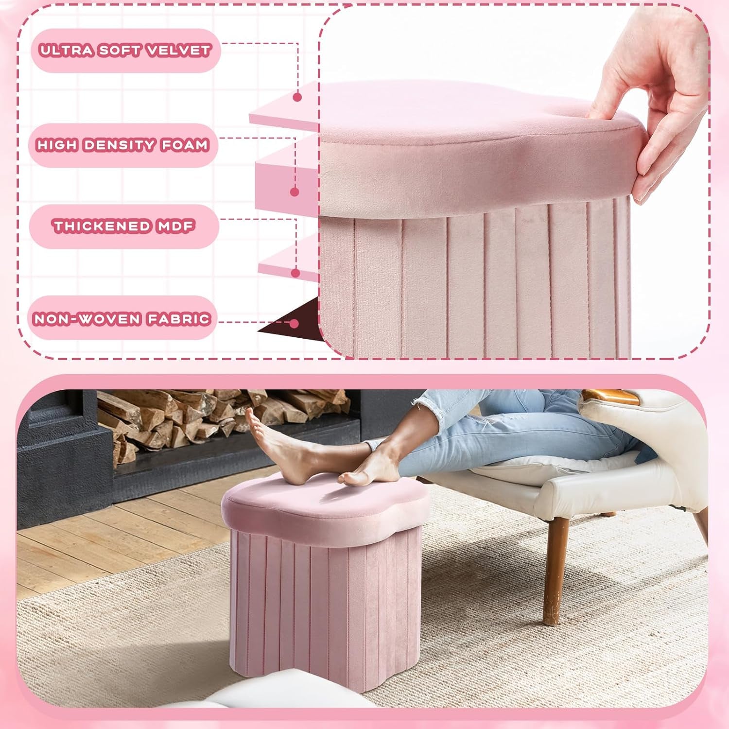 Flower Shaped Velvet Foldable Storage Ottoman Pink