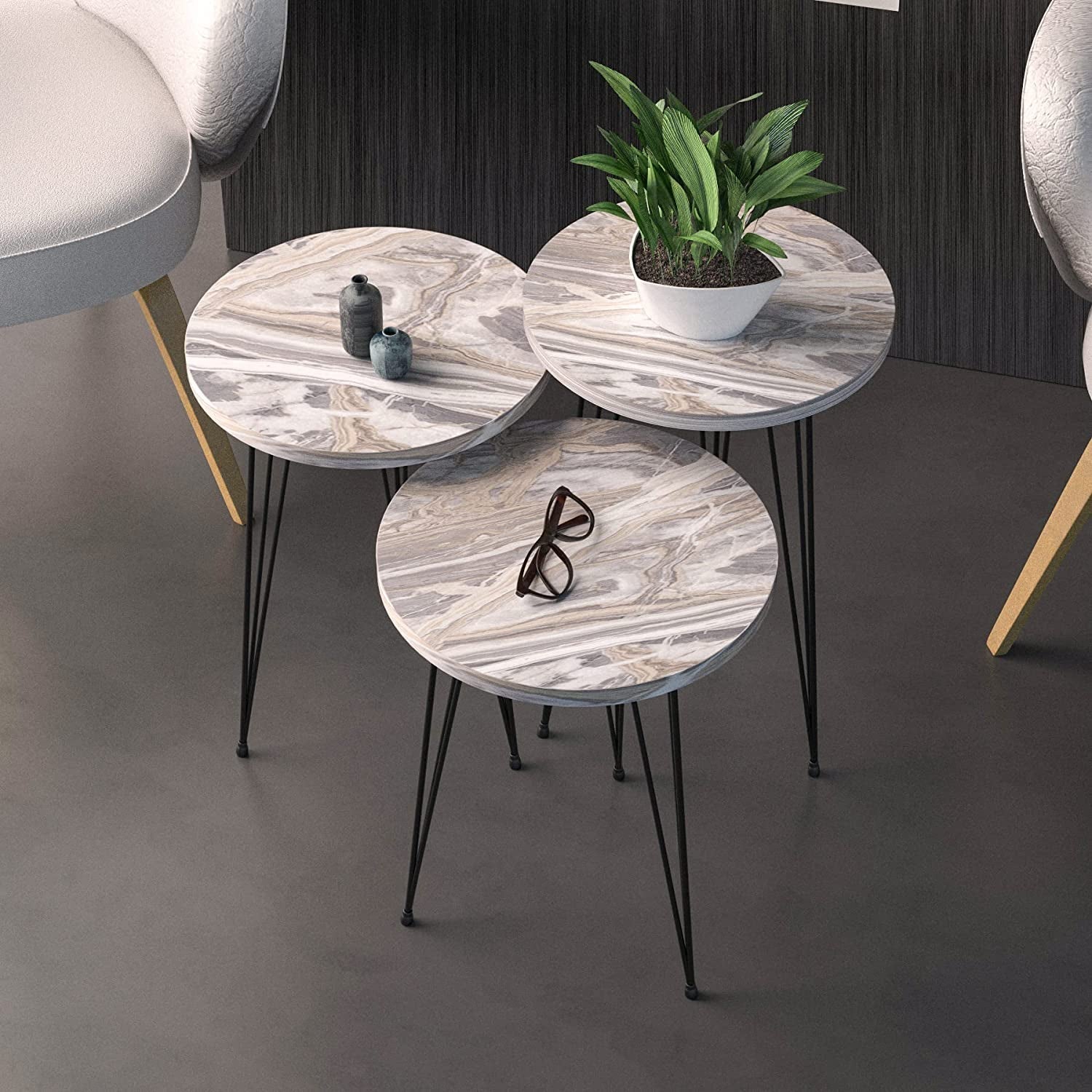 Grey Marble Nesting Tables Set Of 3 Modern Round End Tables