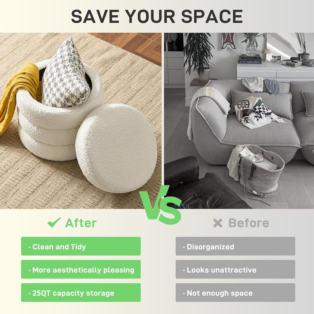 Round Storage Ottoman Featuring Removable Lid White