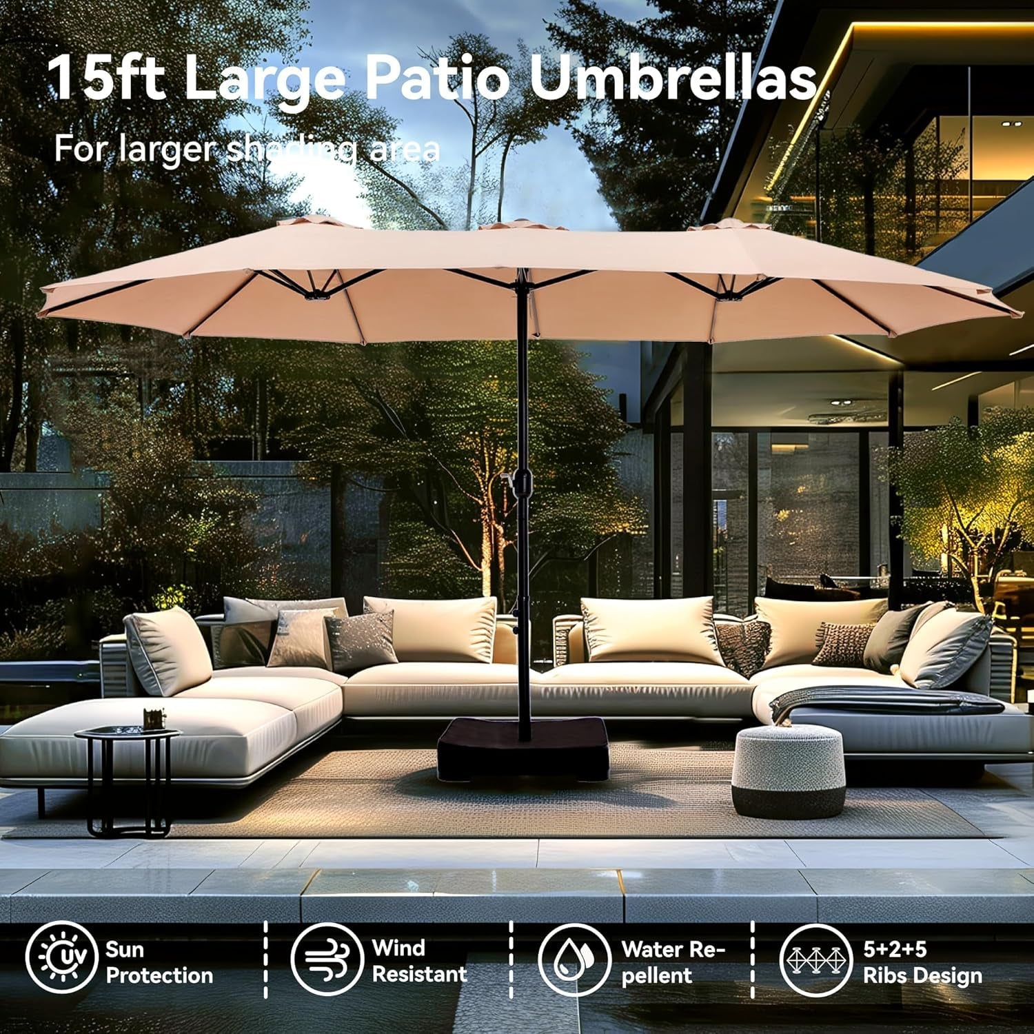 15 Foot Double Sided Patio Umbrella For Outdoor Shade