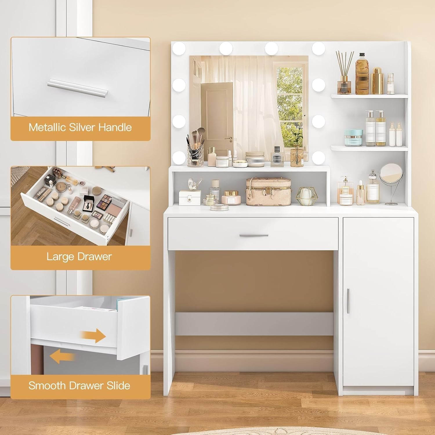 White Vanity Desk With Mirror And Lights Storage Drawers