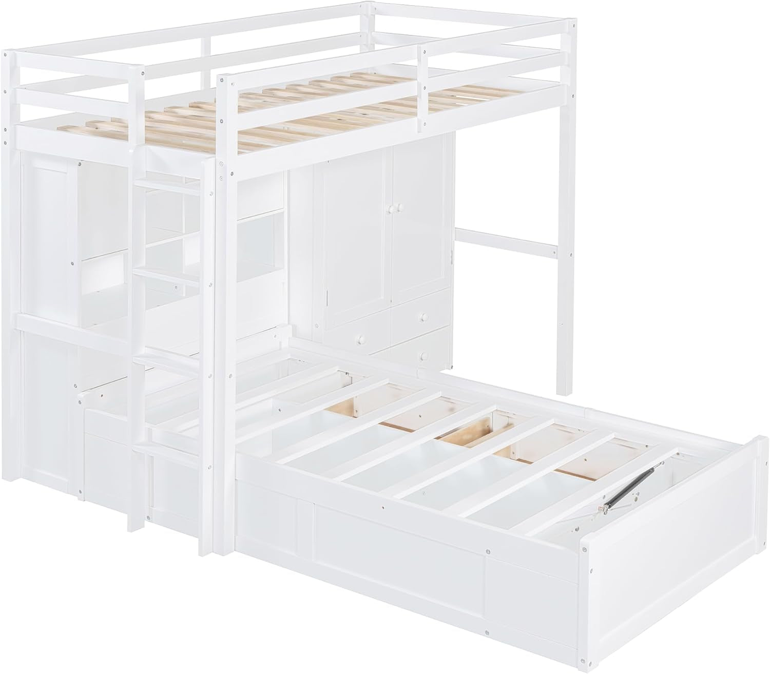 White Twin Over Twin Bunk Bed With Drawers And Wardrobe