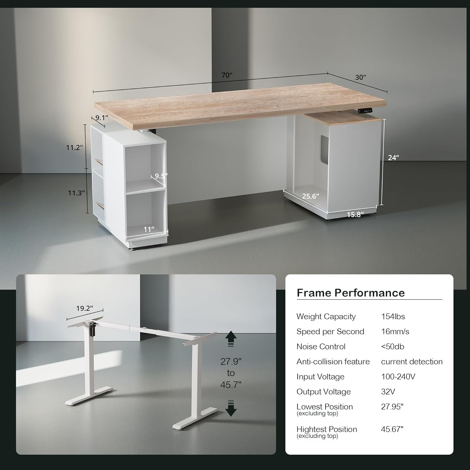 71 Inch L Shaped Standing Desk With USB Walnut Finish