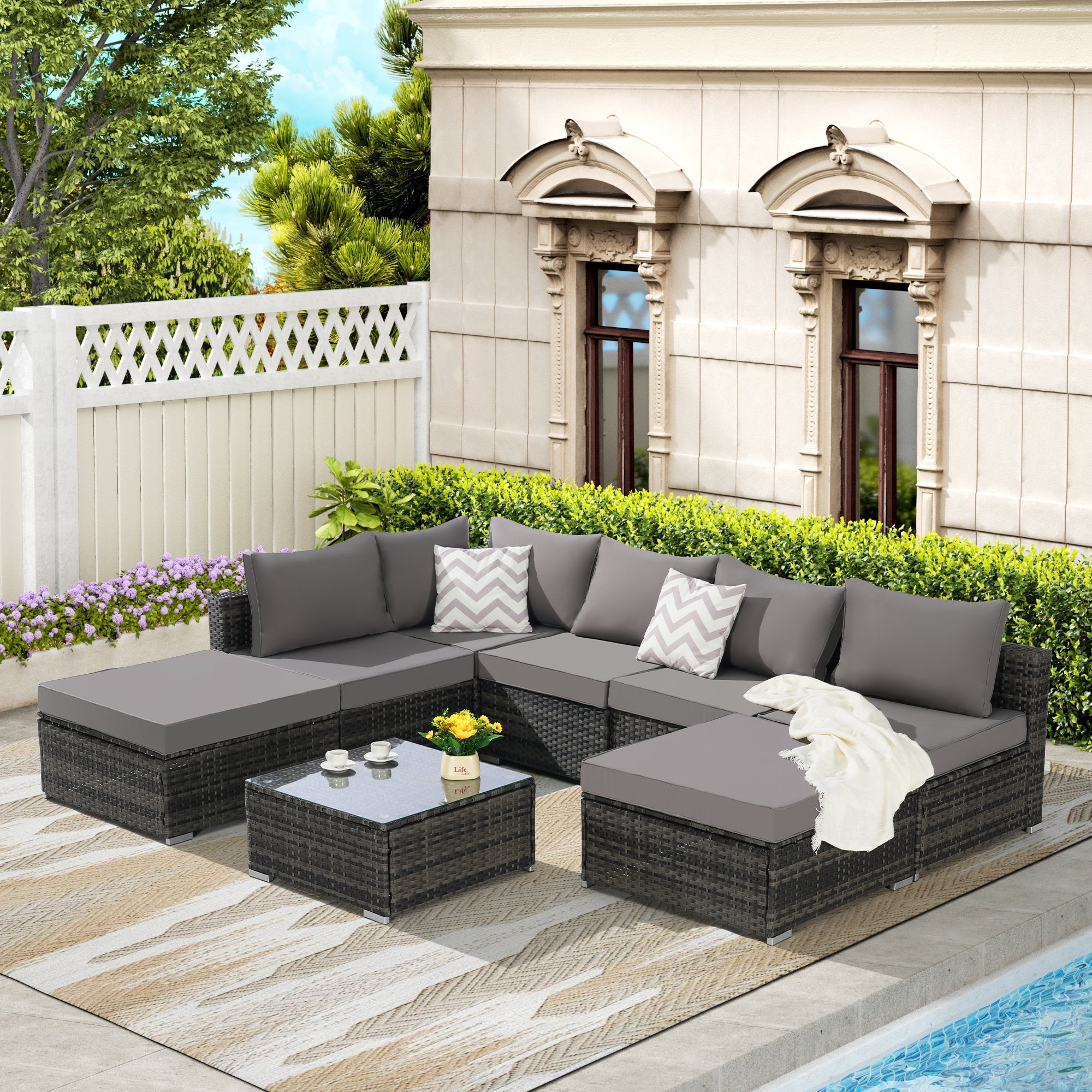 8 Pieces Outdoor Patio Sectional Sofa Couch with Washable Cushions & Glass Coffee Table