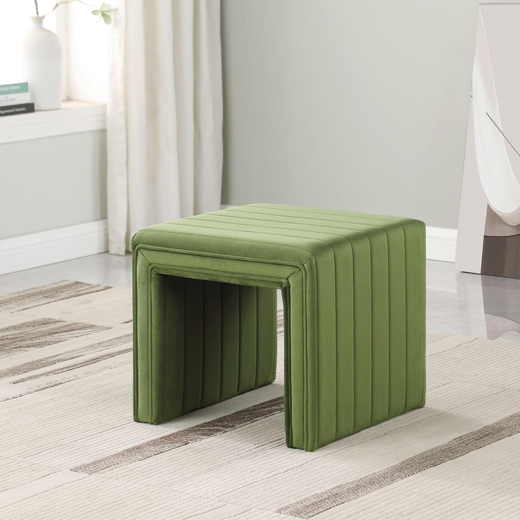 Elegant Green Velvet Tufted Channel Ottoman Footstool