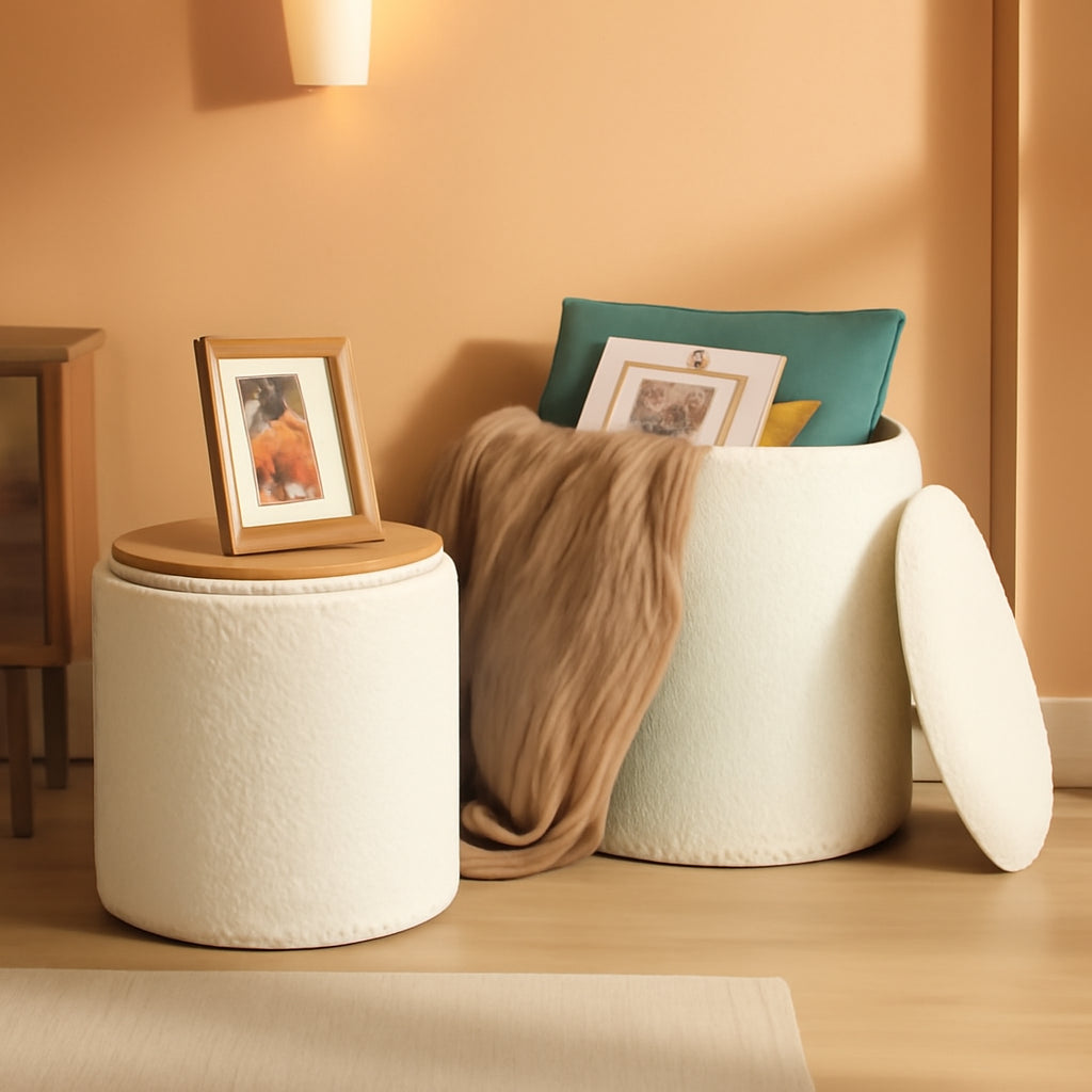Round Storage Ottoman Reversible Tray Lid Ivory White