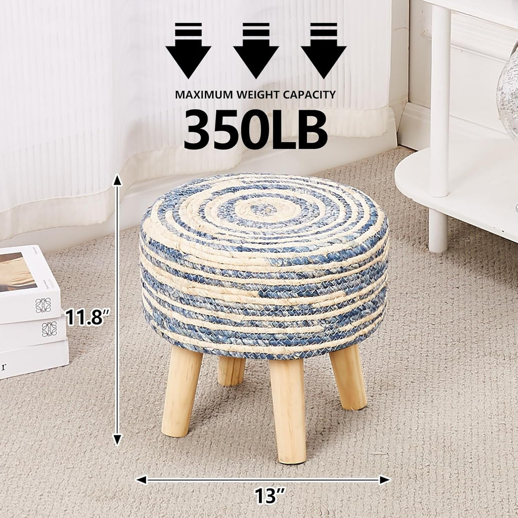 Round Seagrass Ottoman Footstool Handwoven Natural Blue