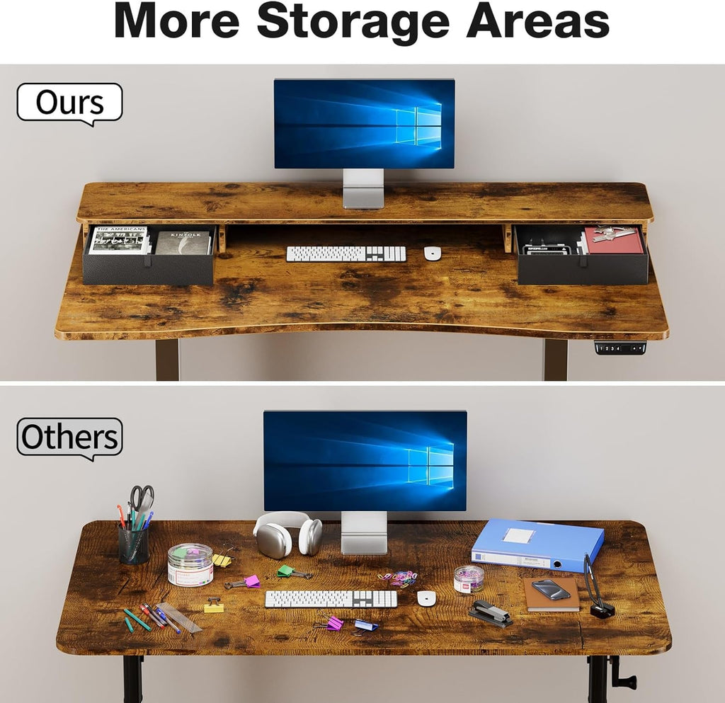 Brown 47.2 Inch Standing Desk Monitor Riser Drawers
