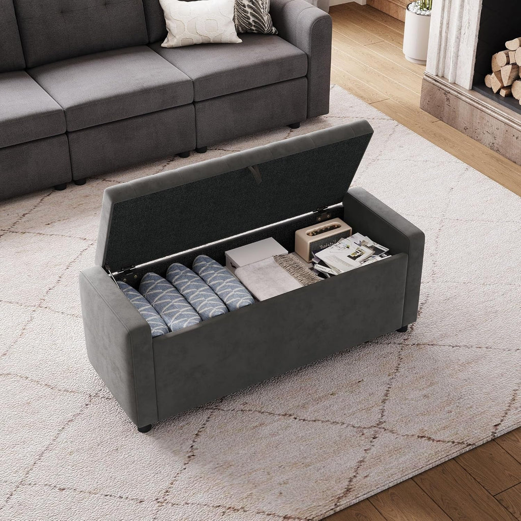 50 Inch Grey Luxurious Upholstered Storage Ottoman