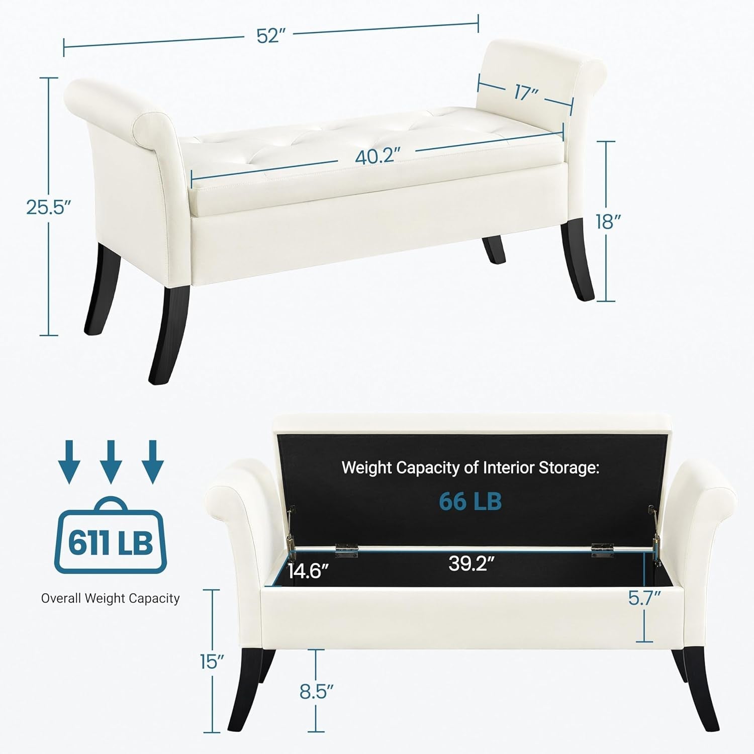 Fifty TwoInches Durable White Upholstered Storage Ottoman Bench