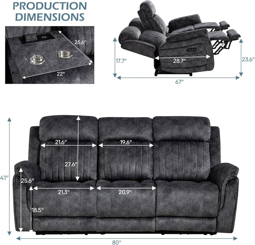 Zero Gravity Power Reclining Sofa Grey With USB Ports