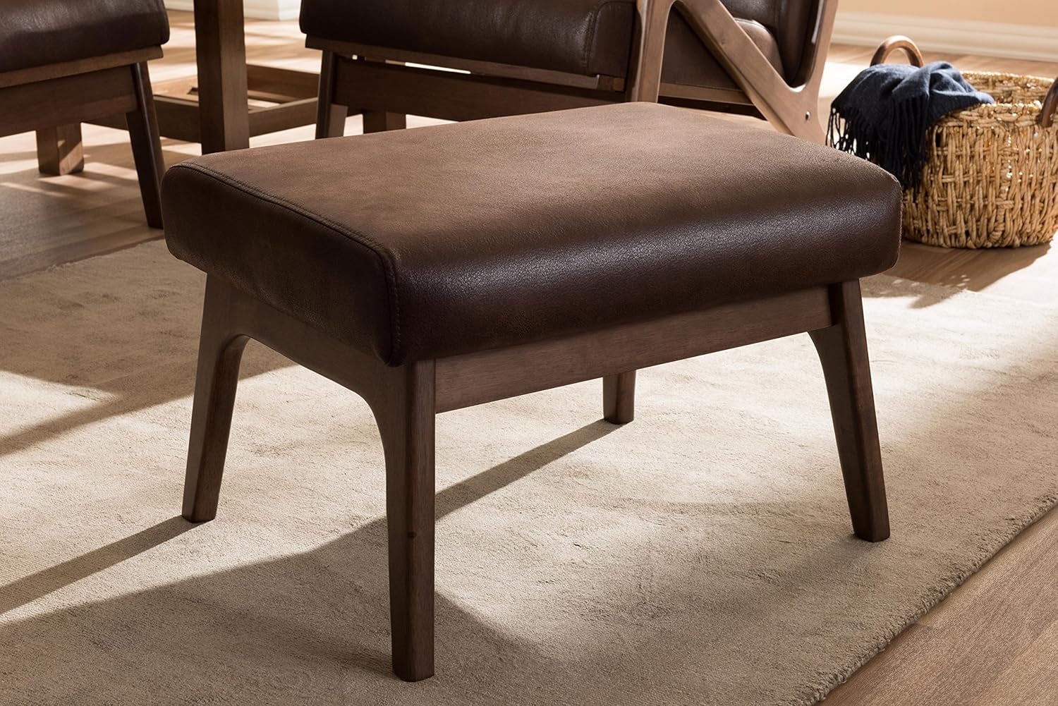 Dark Walnut Ottoman Distressed Faux Leather Upholstery