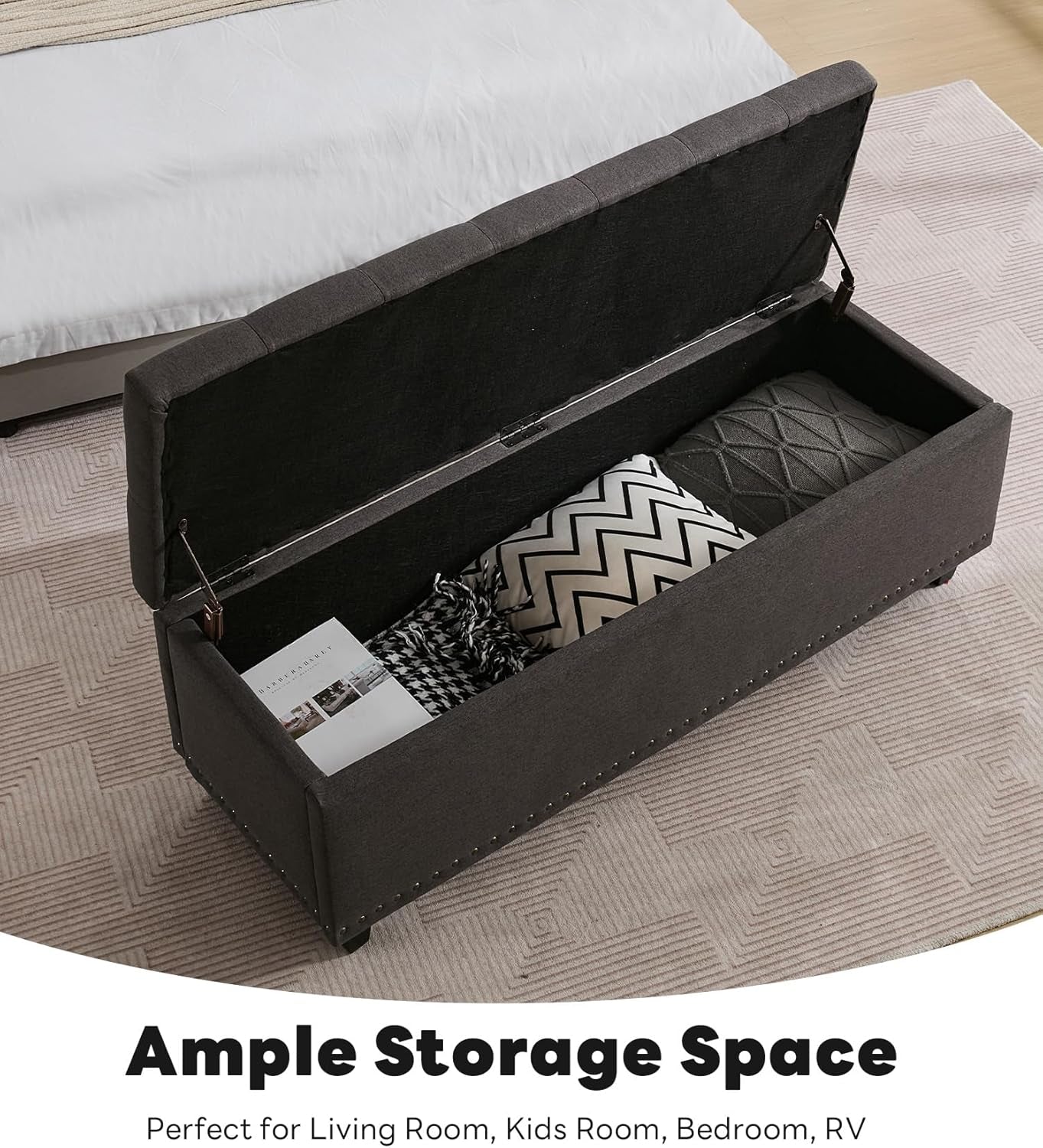 50.8 Inches Gray Upholstered Storage Ottoman Bench