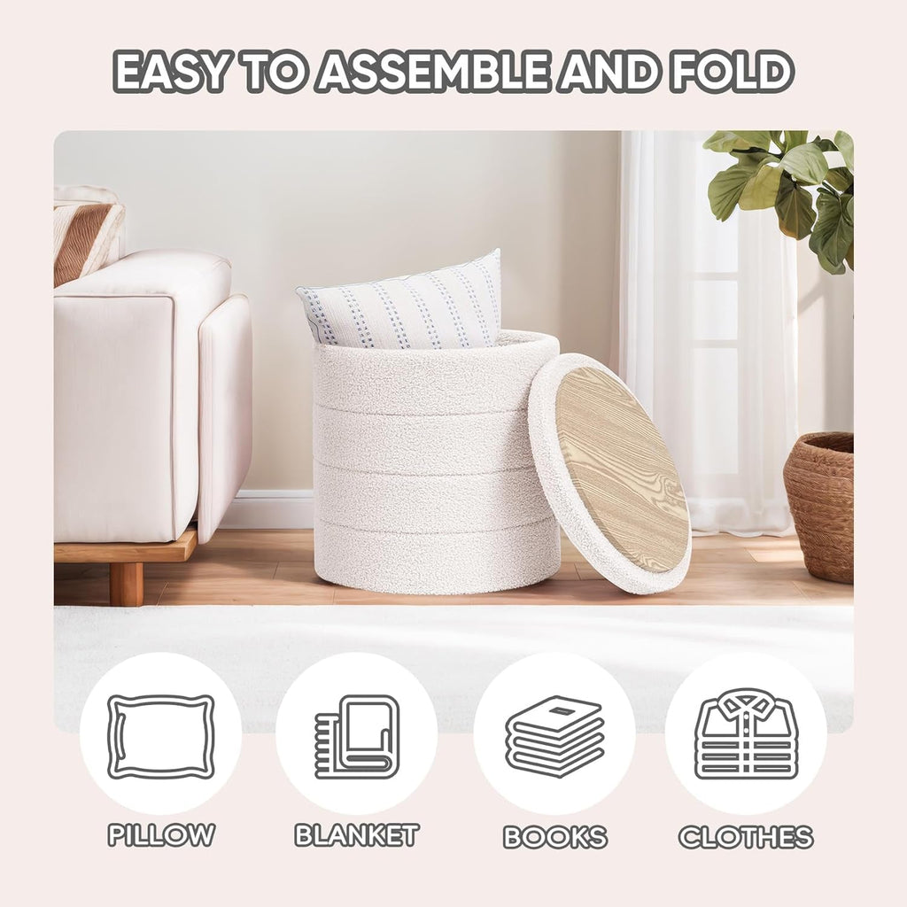 Round Storage Ottoman With Tray White VelvetFabric