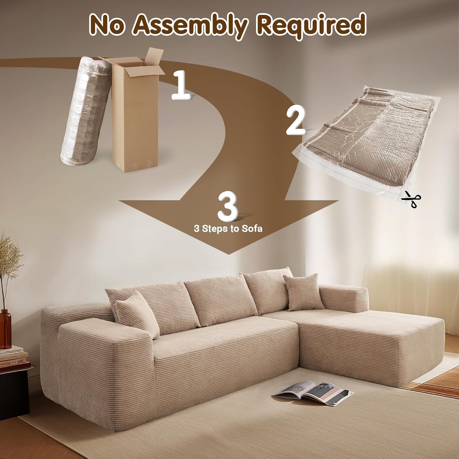 104 Inch Cloud Sectional Couch With L Shaped Chaise Modern Modular Sofa In Camel Corduroy Fabric