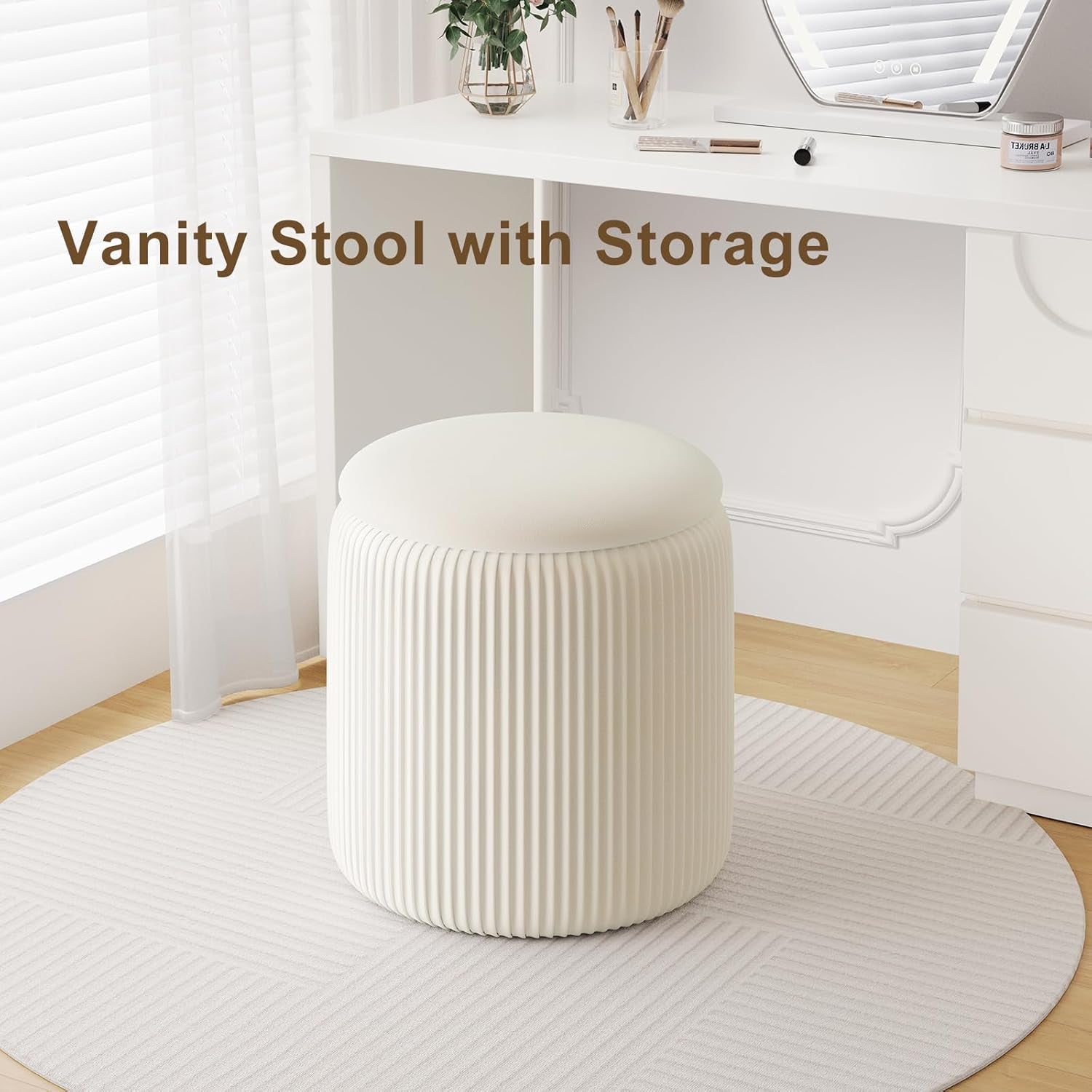 White Velvet Upholstered Storage Ottoman Vanity Set