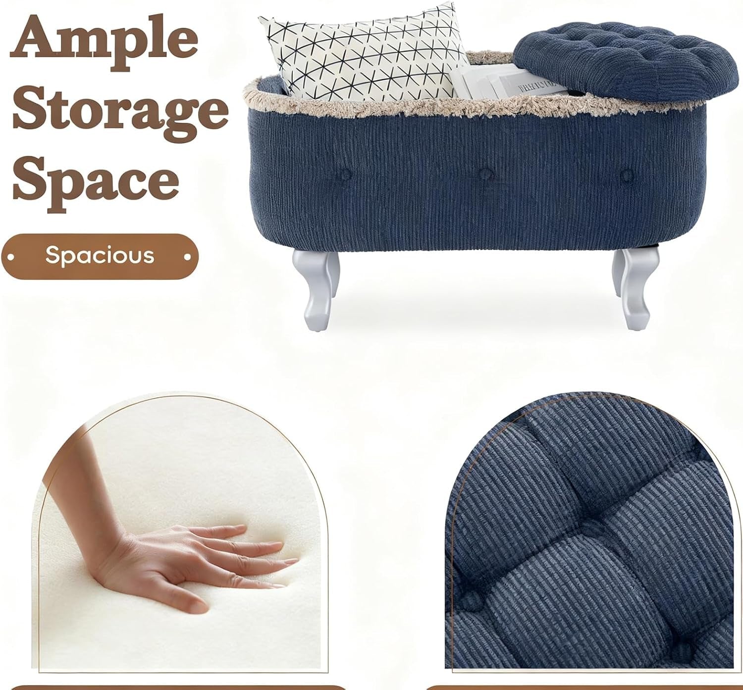 Blue 29.5 Inch Upholstered Storage Ottoman Cushion