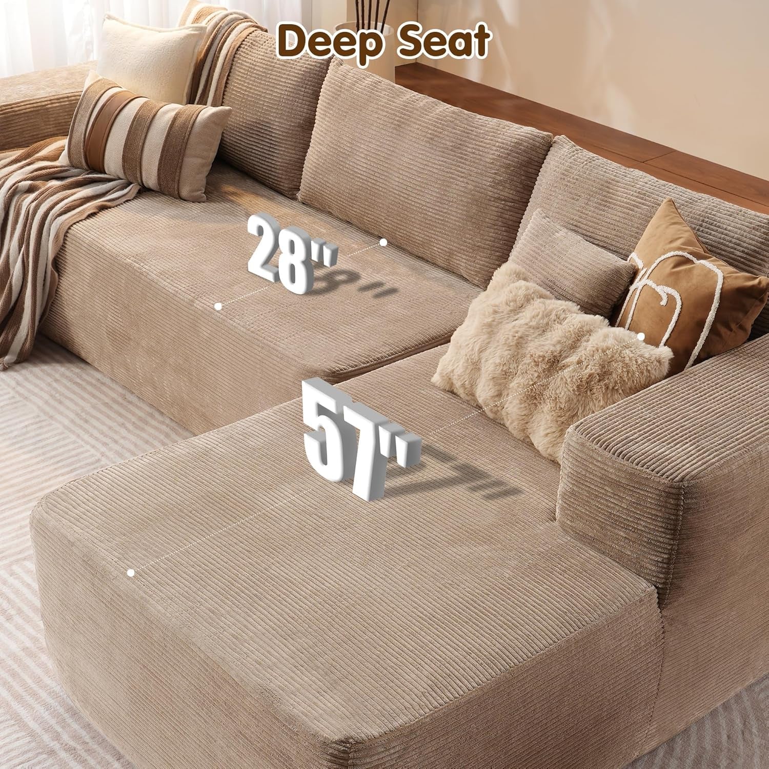 104 Inch Cloud Sectional Couch With L Shaped Chaise Modern Modular Sofa In Camel Corduroy Fabric