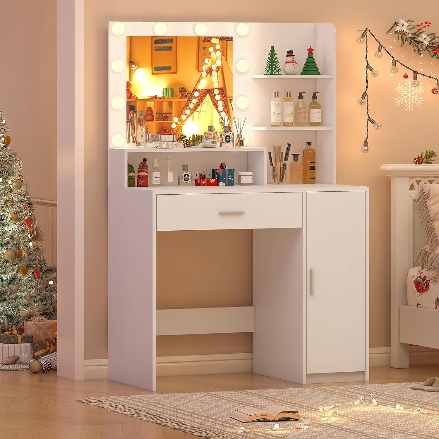 White Vanity Desk With Mirror And Lights Storage Drawers