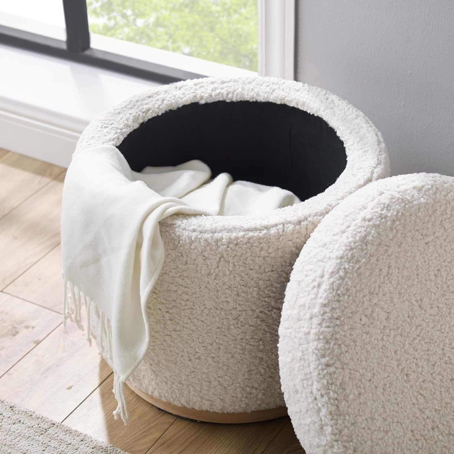 Cream Sherpa Deluxe Storage Ottoman Solidwood Base