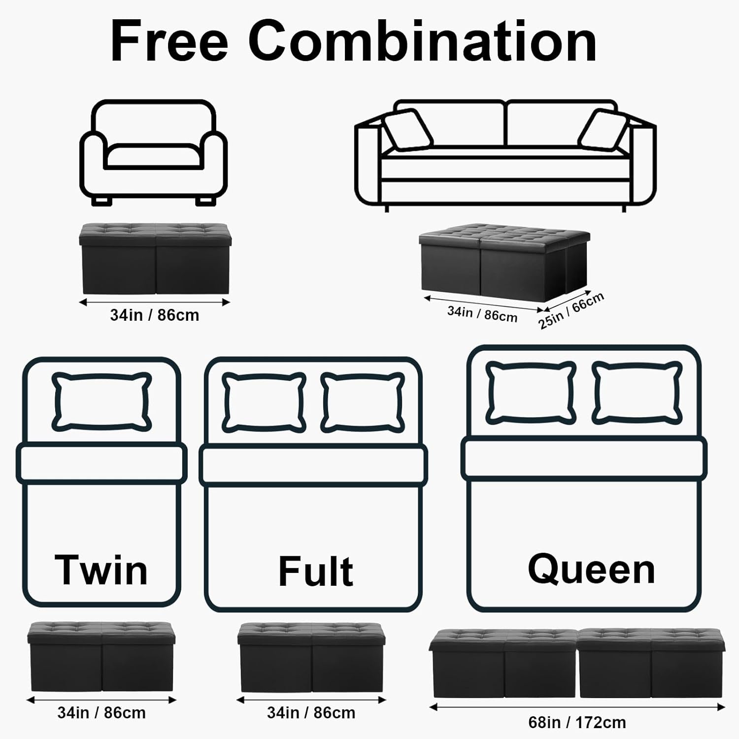 Ottoman With Premium Black Storage 34 Inch Dimension