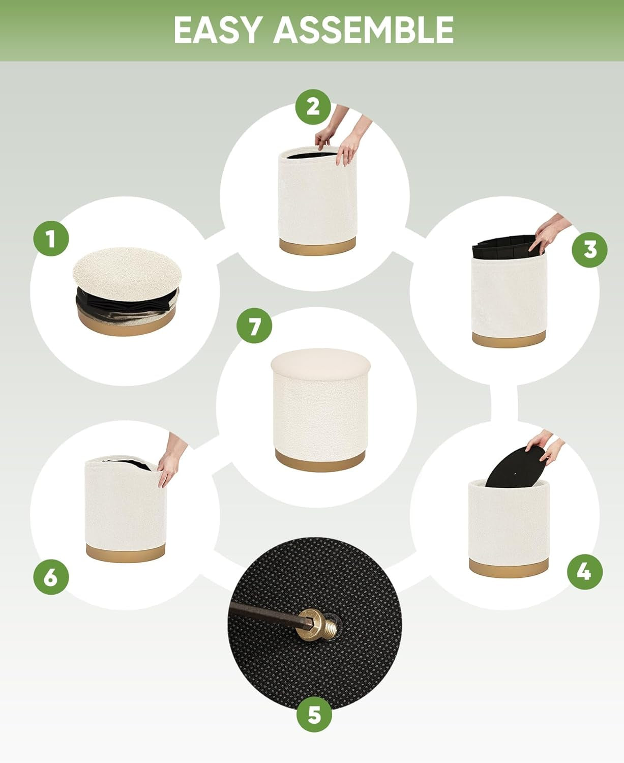 Round White Storage Space Ottoman Gold Plated Base Frame