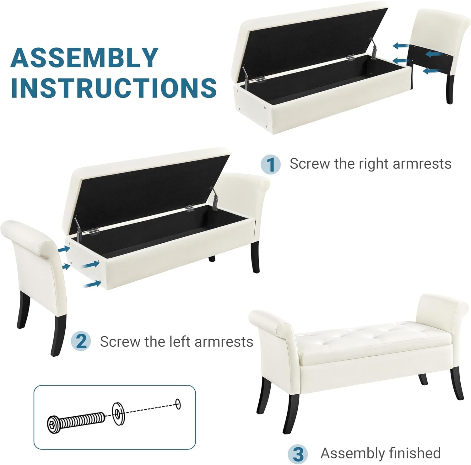 Fifty TwoInches Durable White Upholstered Storage Ottoman Bench
