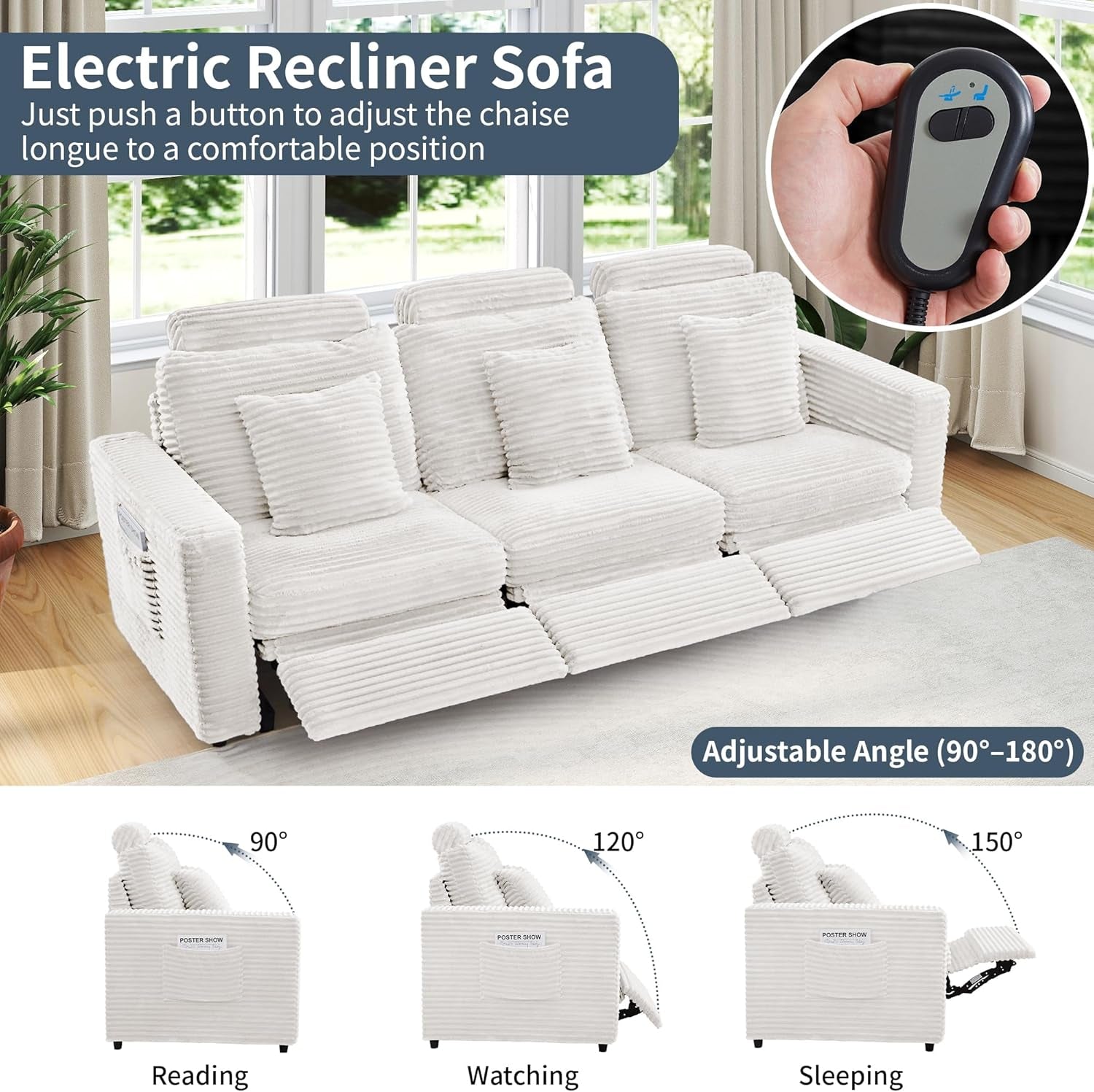 White Corduroy 3 Seater Power Recliner Sofa Side Pockets