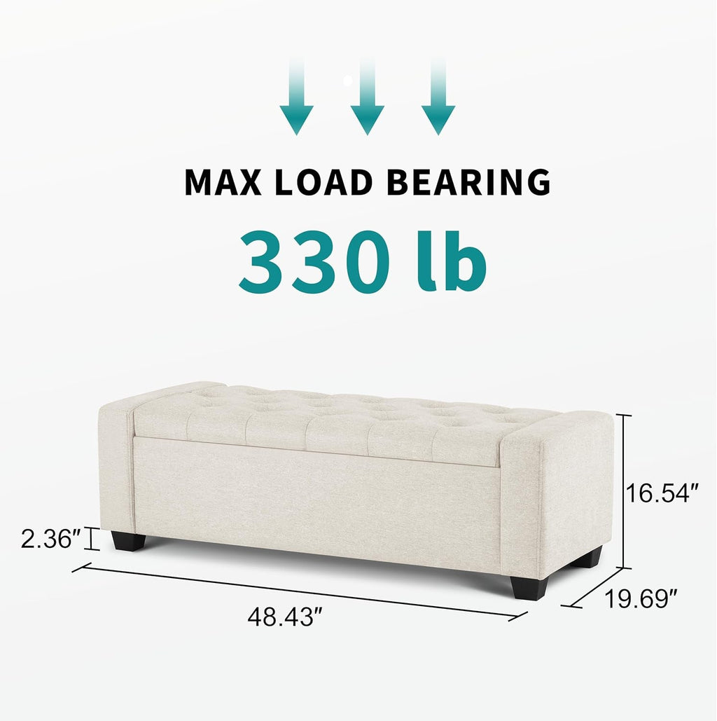 48 Inch Storage Unit Ottoman Bench Upholstered Beige