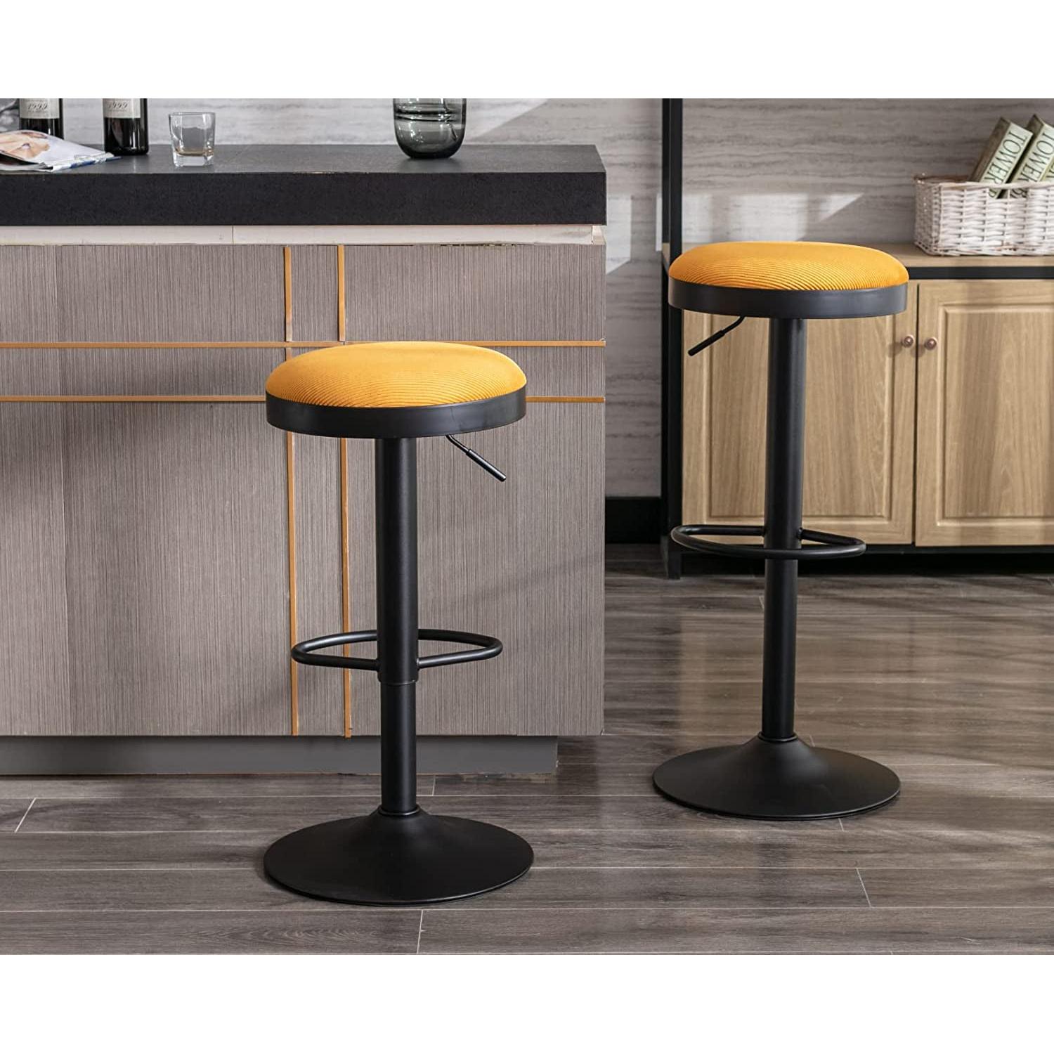 Yellow Fabric Swivel Bar Stool Set Of 2 Height Adjustable