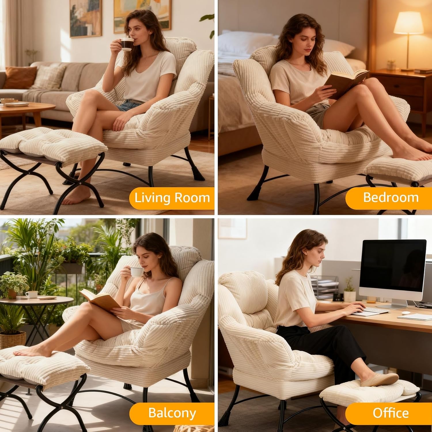 Large Corduroy White Armchair With Ottoman Footrest