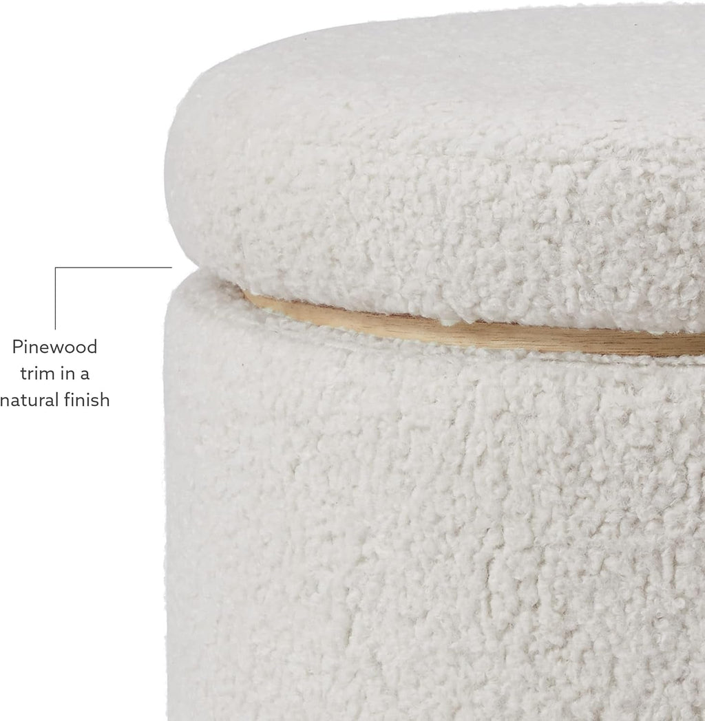 Cream Sherpa Deluxe Storage Ottoman Solidwood Base