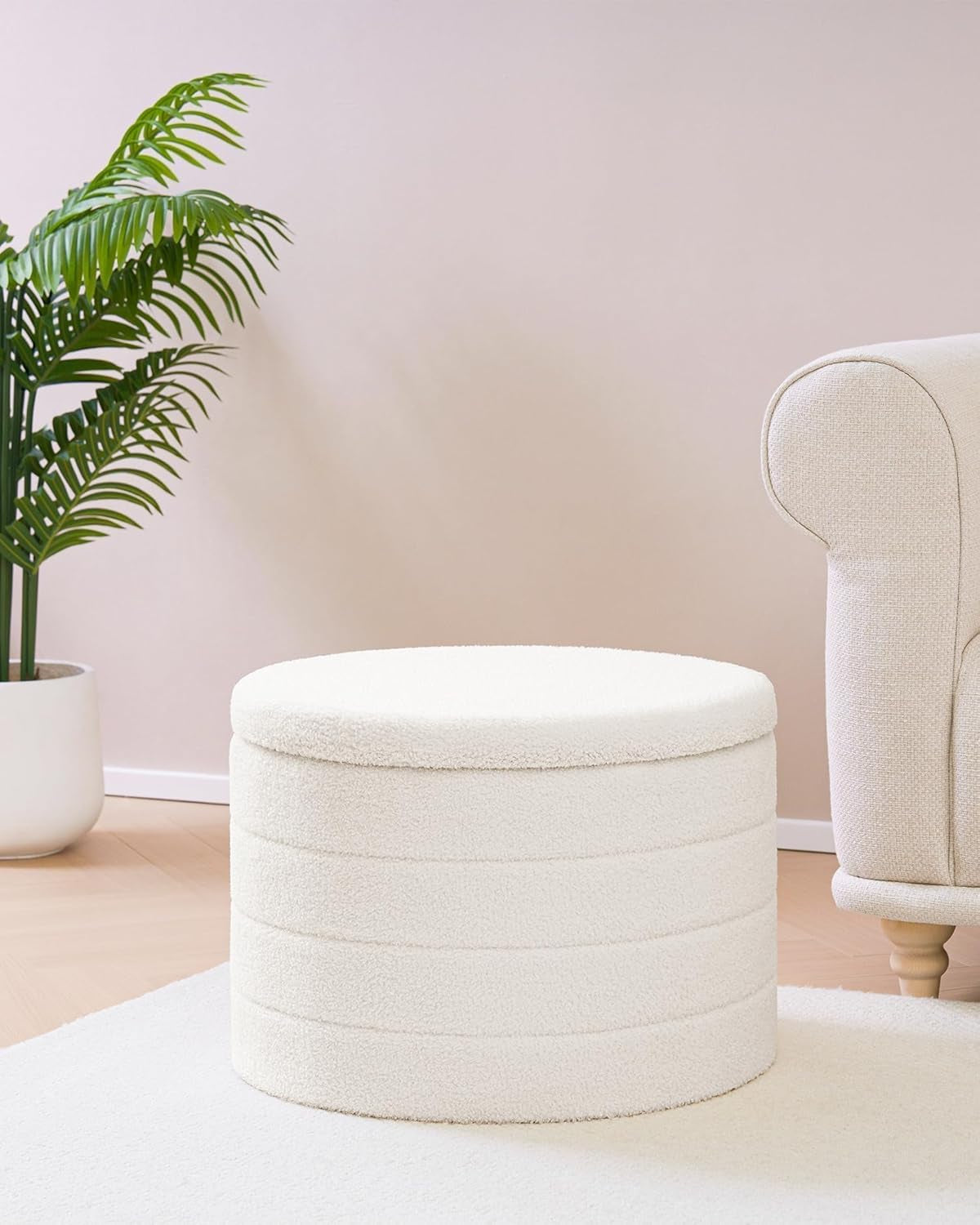 White Twenty TwoIn Round Sherpa Boucle Ottoman Tray