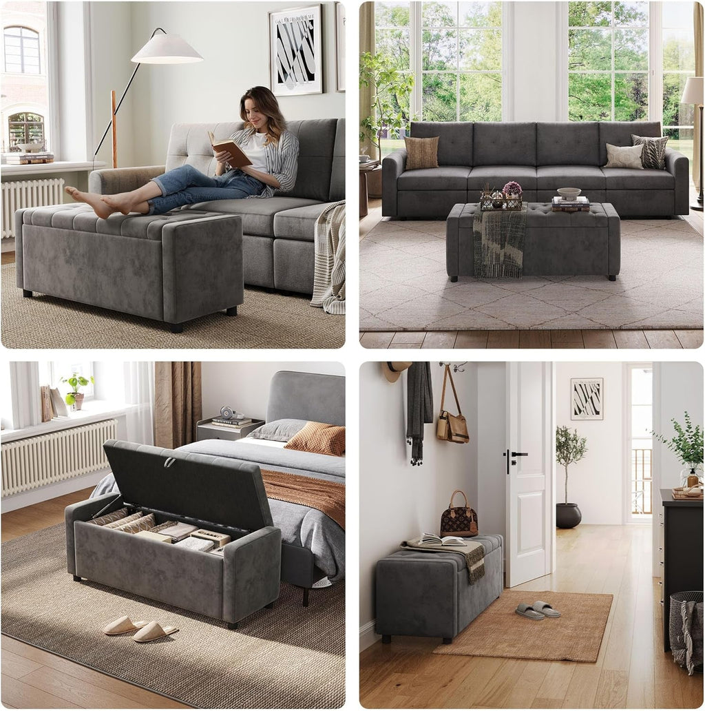50 Inch Grey Luxurious Upholstered Storage Ottoman