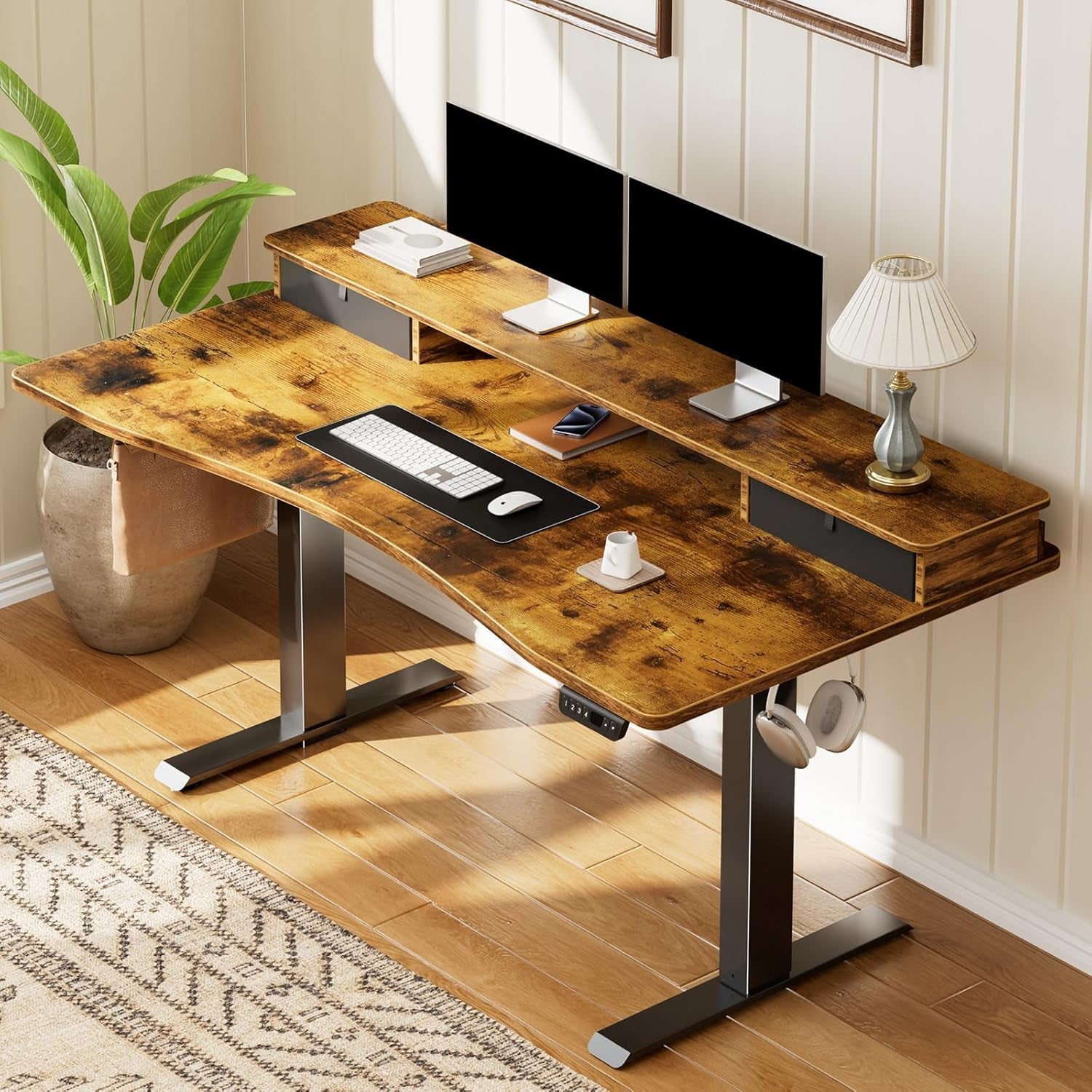Brown 47.2 Inch Standing Desk Monitor Riser Drawers