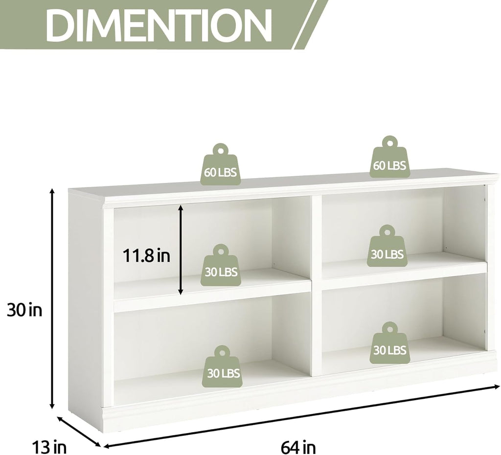White Double Wide Bookshelf 64 Inch 2 Tier Storage Unit
