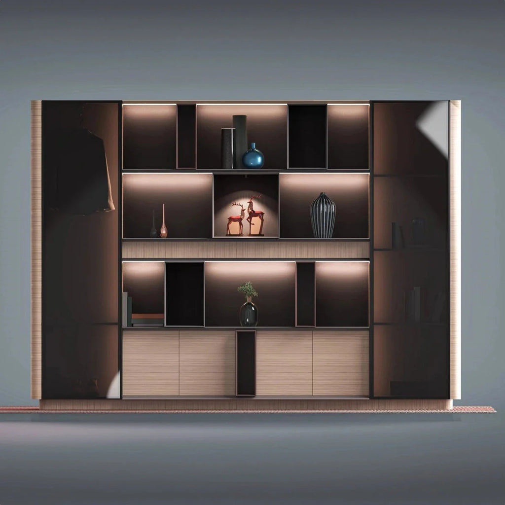 Sonum · Office Shelving Wall Unit w/ Integrated Lighting & Storage Cabinets