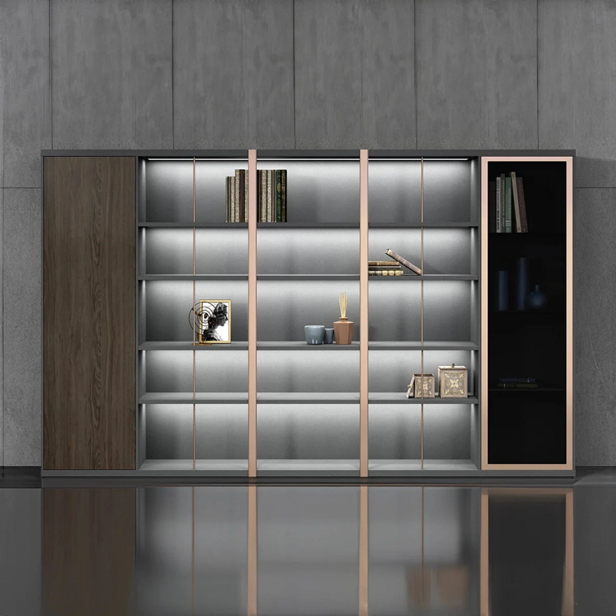 Keats · Office Library Shelves w/ Lighting, Suit Closet & Storage